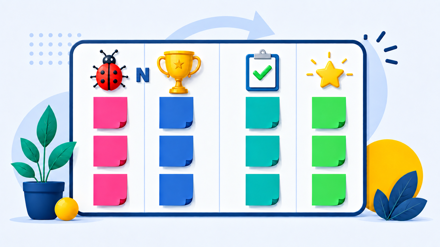 Illustrated BugNBrag board with Bug, Brag, Action Items, and Kudos