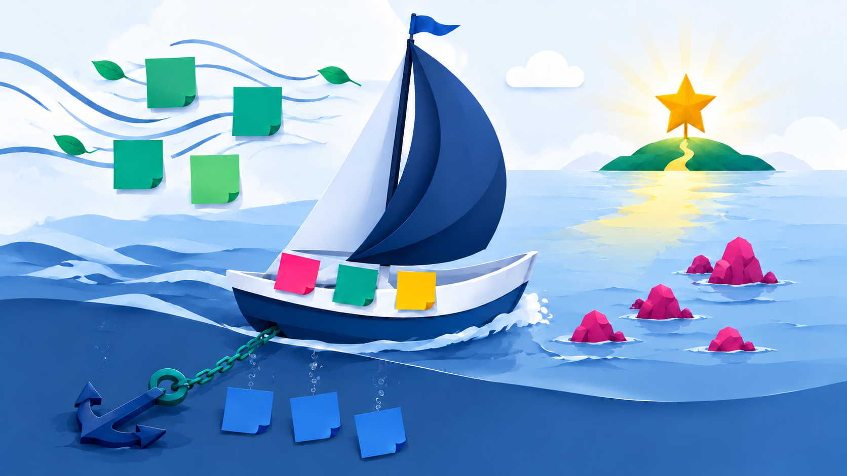 Illustrated Sailboat retrospective with wind, anchor, risks, and goal